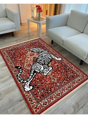 Kilim Home Mars Serisi Kırmızı Tonlarında Kaplanlı Etnik Desen Kaymaz Taban Şönil Halı