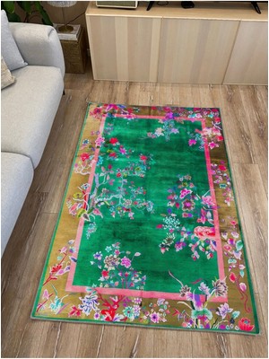 Kilim Home Mars 79 Yeşil Tonlarında Çiçek Temalı Dekoratif Salon Halısı Saçaklı Yıkanabilen Halı