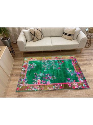 Kilim Home Mars 79 Yeşil Tonlarında Çiçek Temalı Dekoratif Salon Halısı Saçaklı Yıkanabilen Halı