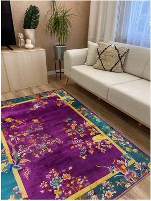 Kilim Home Mars 78 Mor Tonlarında Bordürlü Çiçek Temalı Dekoratif Salon Halısı Saçaklı Yıkanabilen Halı