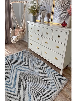 Kilim Home Mars 101 Mavi Zigzag Çizgili Dekoratif Halı Saçaklı Halı