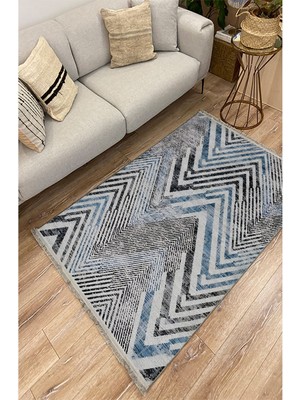 Kilim Home Mars 101 Mavi Zigzag Çizgili Dekoratif Halı Saçaklı Halı