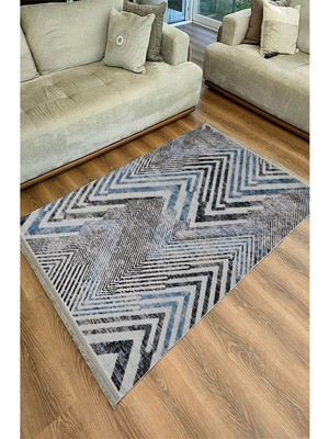 Kilim Home Mars 101 Mavi Zigzag Çizgili Dekoratif Halı Saçaklı Halı