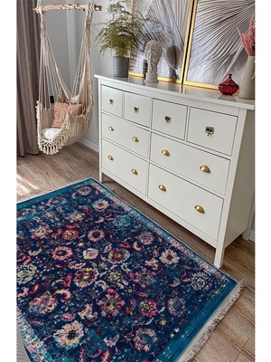 Kilim Home Mars Halı 96 Lacivert Tonlarında Klasık Dekoratif Halı Salon Halısı Saçaklı Yıkanabilen Halı