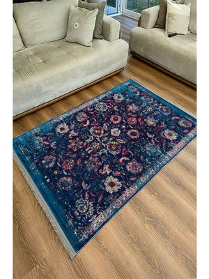 Kilim Home Mars Halı 96 Lacivert Tonlarında Klasık Dekoratif Halı Salon Halısı Saçaklı Yıkanabilen Halı