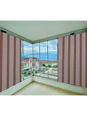 Ceylan Home Balkon Perdesi Kahverengi Ince Çizgili Bağcıklı 725X250