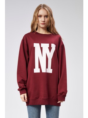 Fancy Kadın Bisiklet Yaka Ny Baskılı Regular Sweatshirt Bordo