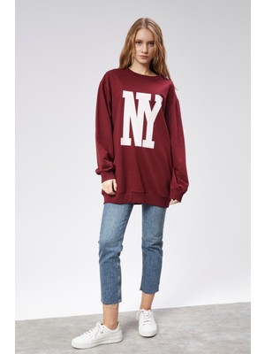 Fancy Kadın Bisiklet Yaka Ny Baskılı Regular Sweatshirt Bordo