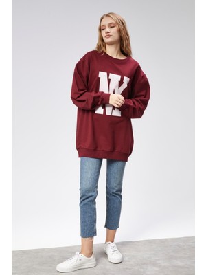 Fancy Kadın Bisiklet Yaka Ny Baskılı Regular Sweatshirt Bordo