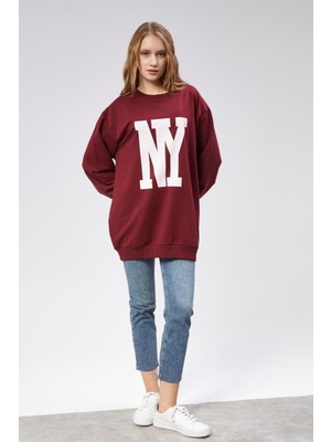 Fancy Kadın Bisiklet Yaka Ny Baskılı Regular Sweatshirt Bordo