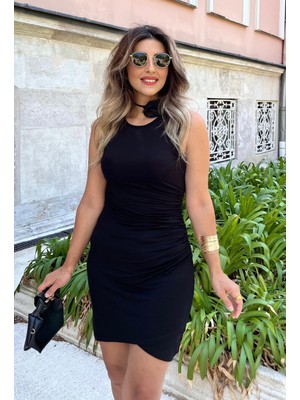 Hazego Kadın Bisiklet Yaka Yandan Büzgülü Önden Çapraz Detay Viskon Kısa Elbise