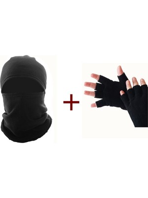 Kadın Siyah Termal Kışlık Polar Kesik Parmak Eldiven Kar Maskesi Motorcu Kask Bere Boyunluk 2'li Set