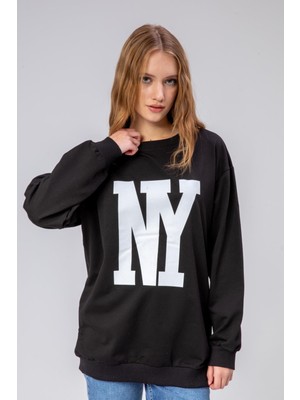 Fancy Kadın Bisiklet Yaka Ny Baskılı Regular Sweatshirt Siyah