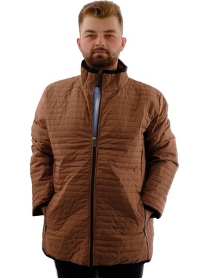 ModeXL Mode Büyük Beden Erkek Dik Yaka Kapitone Mont Kahverengi 2022 Sonbahar-Kış Rahat Kullanım