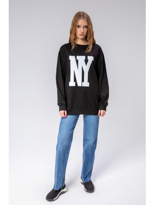 Fancy Kadın Bisiklet Yaka Ny Baskılı Regular Sweatshirt Siyah