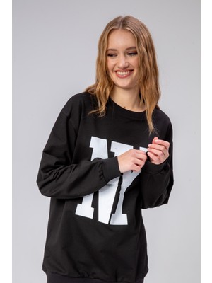 Fancy Kadın Bisiklet Yaka Ny Baskılı Regular Sweatshirt Siyah