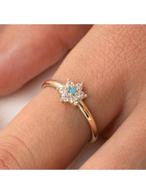 Fasek Gold Gümüş Yüzük -  Gümüş Yüzük - Mini Papatya Firuze (Turkuaz) Taşlı Minimal Tasarım 925 Ayar Gümüş Yüzük