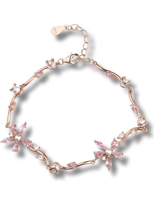 Madam Matmazel Sevgililer Günü Hediyesi 925 Ayar Gümüş Nergis Çiçeği Kadın Bileklik ,İnci Detaylı ,14K Rose Altın Kaplama Kübik Zirkon (Cz)