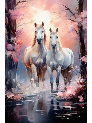 Aden Dekoratif Iki Beyaz At ve Çiçekler Kanvas Tablo