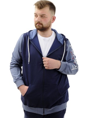 ModeXL Mode Xl Büyük Beden Erkek Eşofman Üstü Indigo Renkli Fermuarlı Kapüşonlu Sport Özellikli U24523