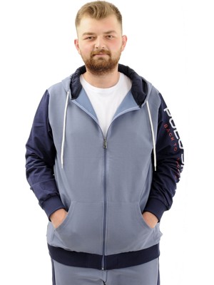 Mode Xl Büyük Beden Erkek Eşofman Üstü Fermuarlı Kapüşonlu Sport U24523 Mavi