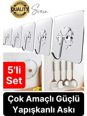 Svein Özel Üretim 5 Adet Kendinden Yapışkanlı Askı Şeffaf Güçlü Anahtar Kapı Duvar Metal Kanca Çok Amaçlı