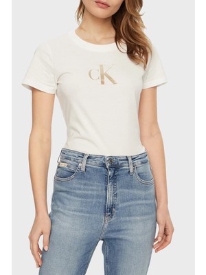 Calvin Klein Logo Baskılı Pamuklu Slim Fit Bisiklet Yaka T Shirt J20J224982YAF Bayan T Shirt J20J224982 Yaf