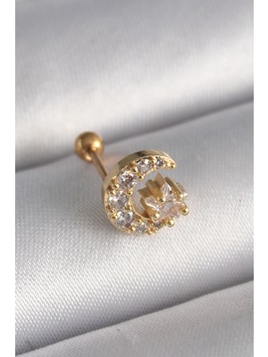 Pupool 316L Çelik Gold Renk Zirkon Taşlı Ay Yıldız Tragus Piercing