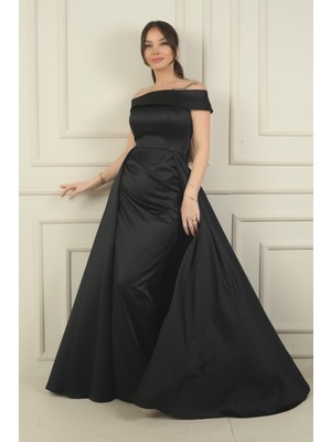 By Saygı Kadın Madonna Yaka Önü Büzgülü Astarlı Pelerinli Saten Uzun Elbise