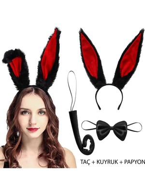 Çerçici Siyah Kırmızı Renk Peluş Tavşan Kulak Papyon Kuyruk Yetişkin Boy