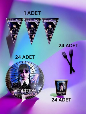 VibeHome 24 Kişilik Wednesday Temalı S Paket - Doğum Günü Parti ve Eğlenceli Etkinlikler