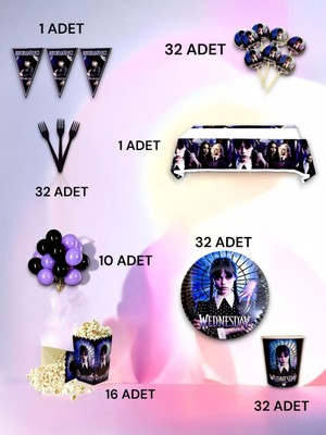 VibeHome 32 Kişilik Wednesday Temalı Lüx  Set - Doğum Günü Parti ve Eğlenceli Etkinlikler