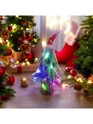 2 Adet Beyaz Karlı Yılbaşı Ağacı Renkli LED Işıklı Noel Ağacı Şapkalı Ahşap Kütüklü Noel Ağacı 22 cm