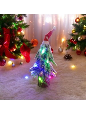 2 Adet Beyaz Karlı Yılbaşı Ağacı Renkli LED Işıklı Noel Ağacı Şapkalı Ahşap Kütüklü Noel Ağacı 22 cm