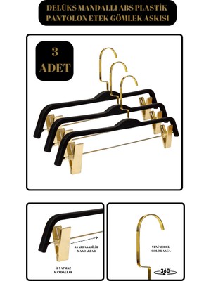 Delüks 3 Adet Gold Kancalı Abc Plastik Pantolon Askısı Etek Askısı Elbise Askısı Kıyafet Askısı