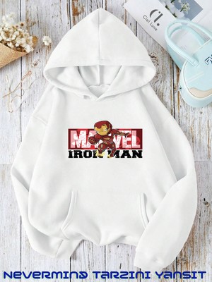 Unisex Iron-Man Ön Baskılı Oversize Baskılı Kapşonlu Sweatshirt 3 Iplik