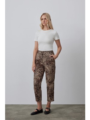 Gusto Leopar Desenli Mom Pantolon - Kahverengi