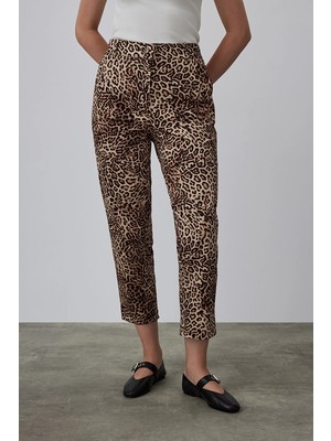 Gusto Leopar Desenli Mom Pantolon - Kahverengi