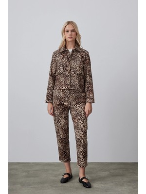 Gusto Leopar Desenli Mom Pantolon - Kahverengi