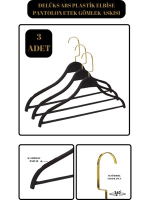 Delüks 3 Adet Gold Kancalı Abc Plastik Pantolon Askısı Etek Askısı Elbise Askısı Kıyafet Askısı