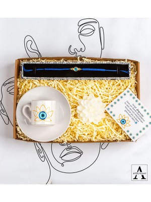 Nazar Hediye Seti - Nazar Makrome Bileklik - Özel Tasarım Baskılı Porselen Kahve Fincanı - Nazar Kart Notu - Lotus Mum