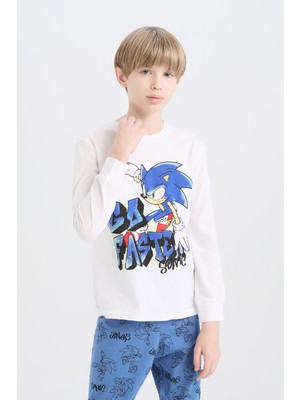 DeFacto Erkek Çocuk Pijama Takımı Sonic the Hedgehog Bisiklet Yaka Uzun Kollu Tişört Uzun Alt D5513A824WN