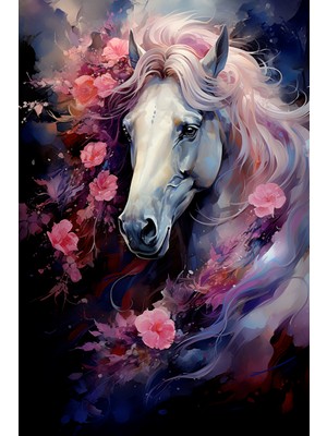 Aden Dekoratif At ve Pembe Çiçekler Kanvas Tablo