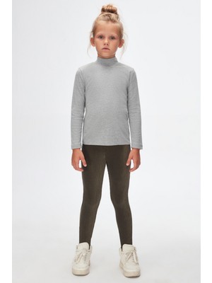 Gri Basic Kışlık Yarım Balıkçı Yaka Uzun Kollu Kız Çocuk Tişört