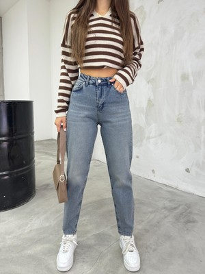 Bikelife Kadın Esnek Yüksek Bel Mom Jeans Pamuk Dokuma Gök Mavi Casual Stil Dar Kesim