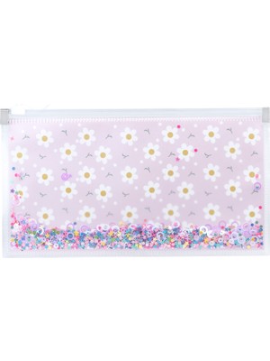 Simli Şeffaf Kalem Çantası - Papatya Desen