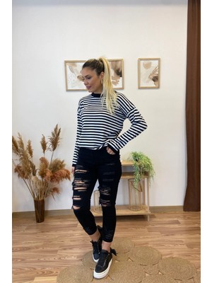 Aychayla Siyah Slim Fit Lazer Kesim Yırtık Detaylı Jean