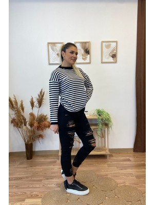 Aychayla Siyah Slim Fit Lazer Kesim Yırtık Detaylı Jean