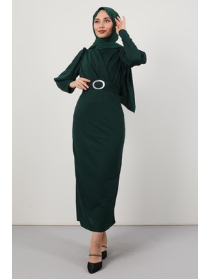 Giza Store Yakası Çapraz Elbise Zümrüt
