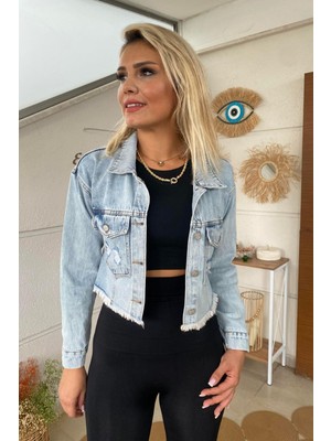 Aychayla  Yırtık Detaylı Crop Jean Ceket